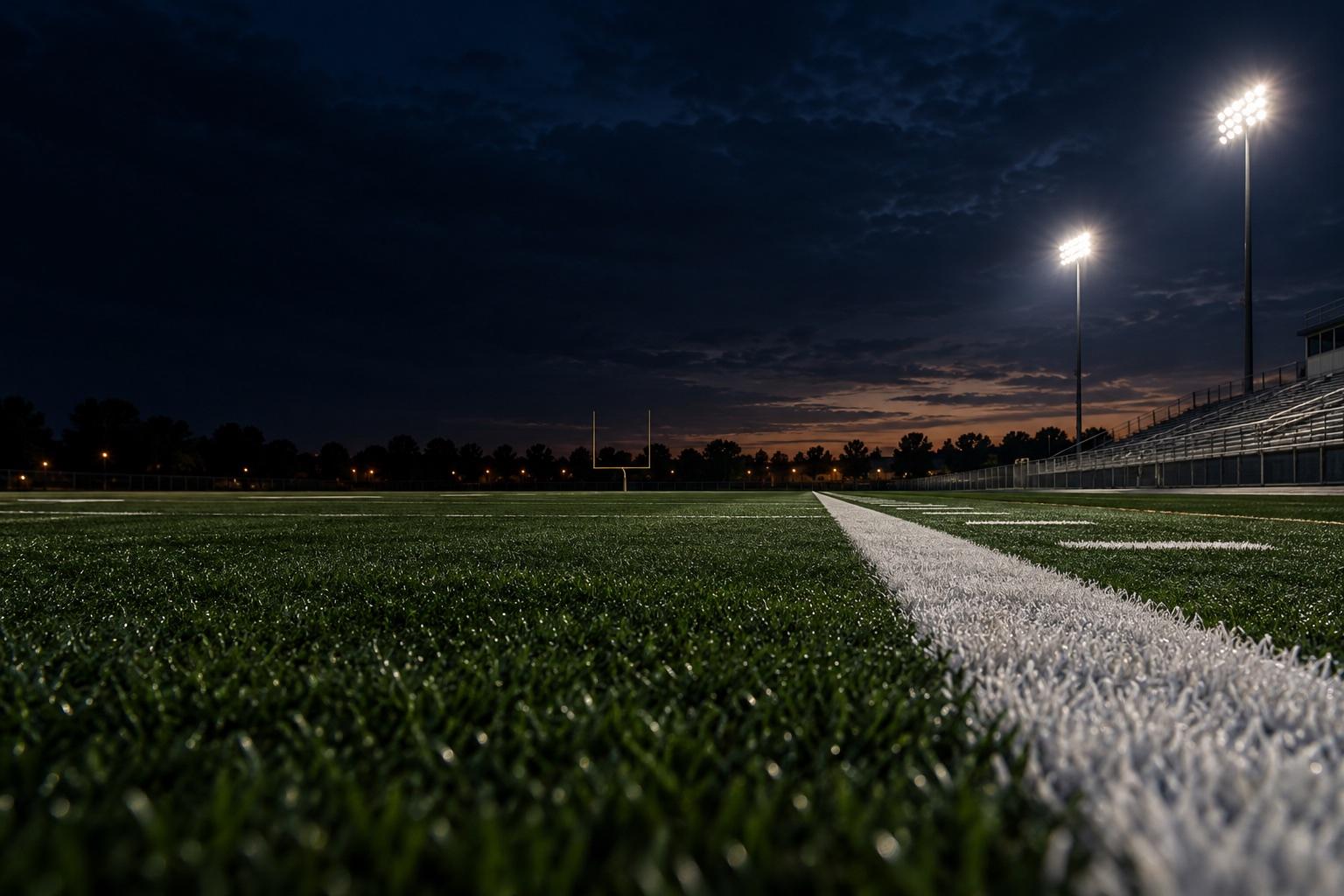 An empty football sideline under stadium lights at night